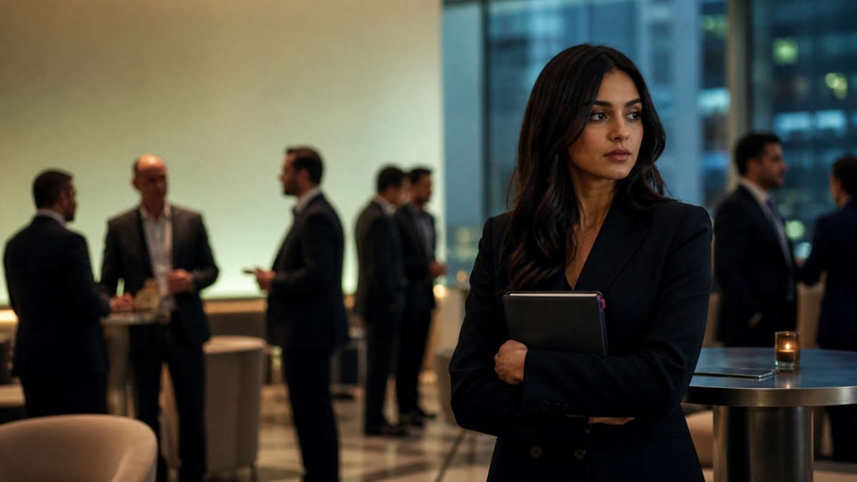 MENA woman founder standing in a premium startup office symbolizing underrepresentation in Egypt venture capital